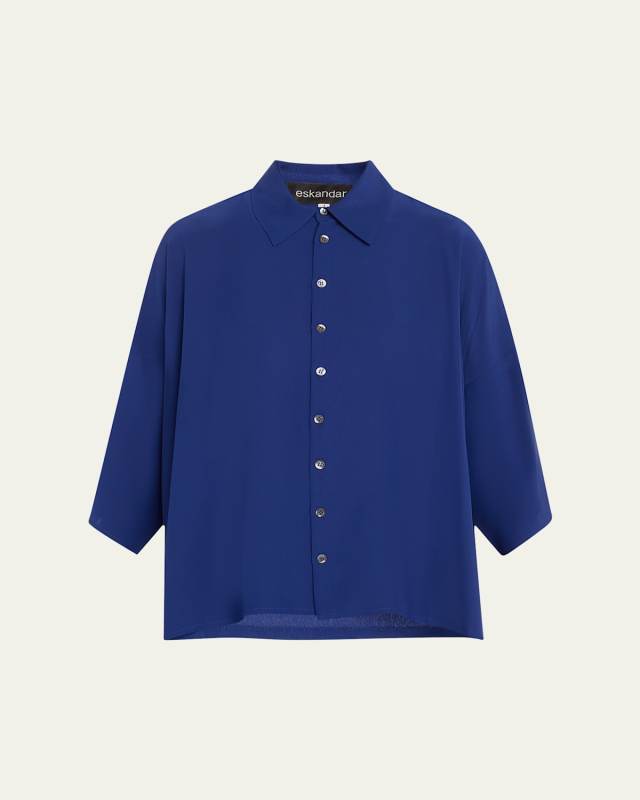 Sloped-Shoulder Wide A-Line Short-Sleeve Shirt With Collar (Mid Length)